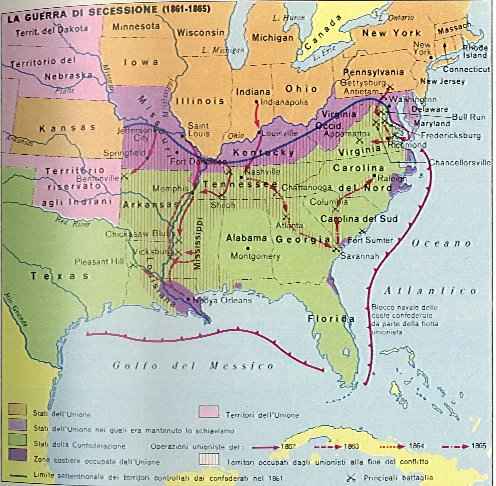 Carta geopol.delle guerre di secessione 1861-1865 in America Setten.
